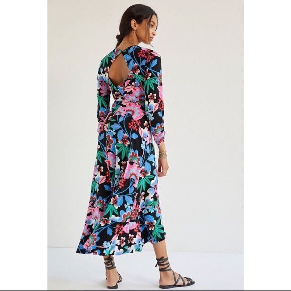 NEW Anthropologe Maeve Ruched V-Neck Black Floral High-Low Maxi Dress Size 14 - Picture 8 of 10
